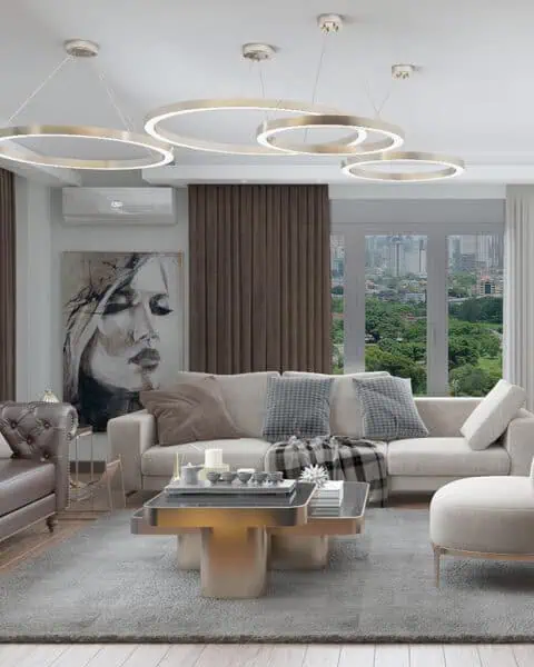 Modern klasik salon oturma düzeni - tuğ mimarlık Nef Çamlıtepe salon tasarımı deri kanepe ve açık ton koltuklarla oturma düzeni