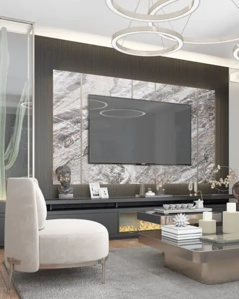 Nef Çamlıtepe salon tv duvarı ve Şömine - tuğ mimarlık Nef Çamlıtepe salon tasarımı TV duvarı, şömine ve özel üretim ünite