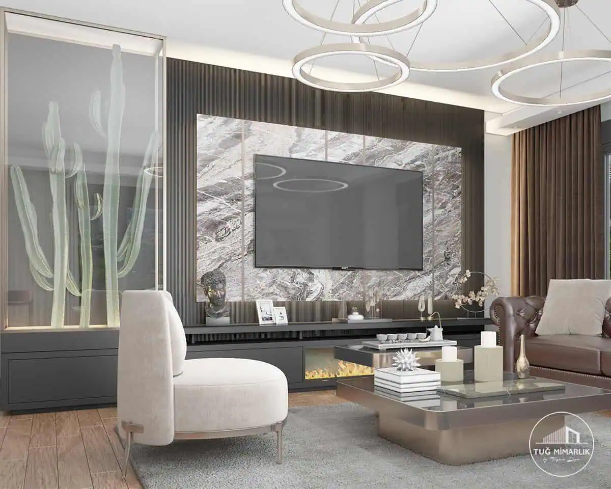 Nef Çamlıtepe salon tv duvarı ve Şömine - tuğ mimarlık Nef Çamlıtepe salon tasarımı TV duvarı, şömine ve özel üretim ünite