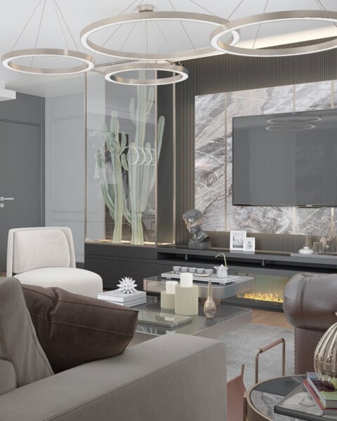 Tv Ünitesi boyunca depolama Çözümü - tuğ mimarlık Nef Çamlıtepe salon tasarımı uzun TV ünitesi, depolama ve aksesuar yerleşimi