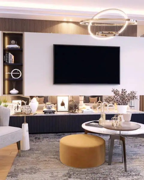 Nidapark İstinye Sarıyer salon medya duvarı tv ünitesi tasarımı fuga detaylı baza