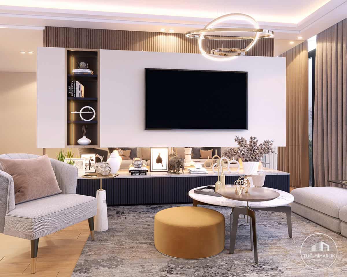 Sarıyer salon medya duvarı tv Ünitesi - tuğ mimarlık Nidapark İstinye Sarıyer salon medya duvarı tv ünitesi tasarımı fuga detaylı baza