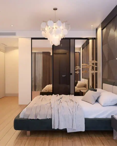 Nidapark İstinye yatak odası tasarımı cam bölmeli giyinme alanı ve duvar paneli