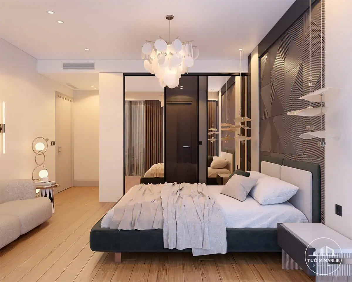 Nidapark İstinye yatak odası – cam bölme ve duvar paneli - tuğ mimarlık Nidapark İstinye yatak odası tasarımı cam bölmeli giyinme alanı ve duvar paneli