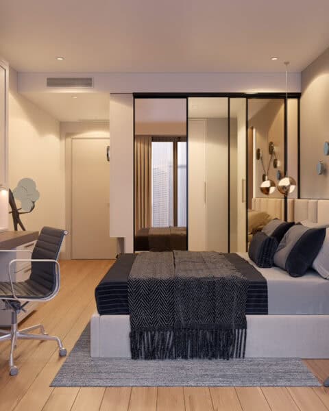 Nidapark İstinye genç odası – Çalışma masası, raflar ve aydınlatma - tuğ mimarlık Sarıyer Nidapark İstinye genç odası çalışma masası ve raf sistemi