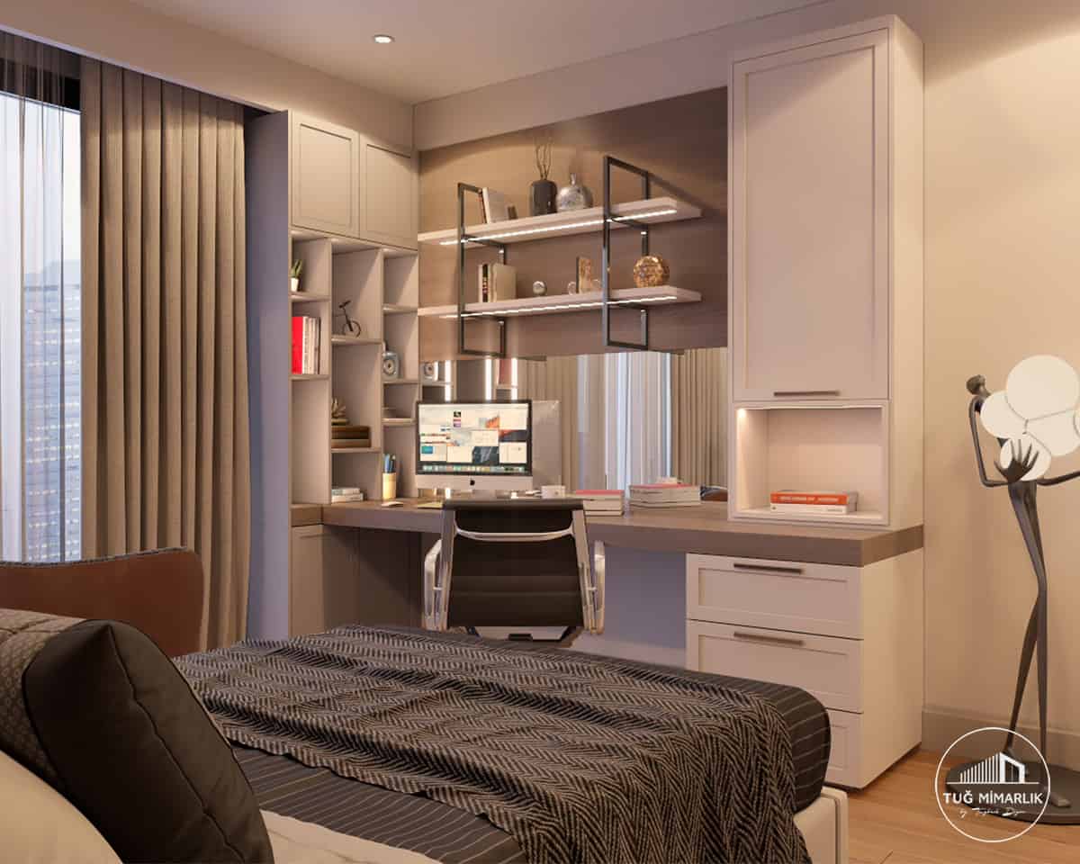 Nidapark İstinye genç odası – cam bölme ve yatak alanı - tuğ mimarlık Sarıyer Nidapark İstinye genç odası tasarımı cam bölme ve yatak alanı