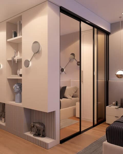 Nidapark İstinye genç odası – dolap koridoru ve kapak detayı - tuğ mimarlık Sarıyer Nidapark İstinye genç odası özel dolap tasarımı koridor görünümü