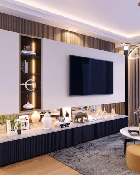 Sarıyer Nidapark İstinye salon tv ünitesi tasarımı taş üstlük ve led raf