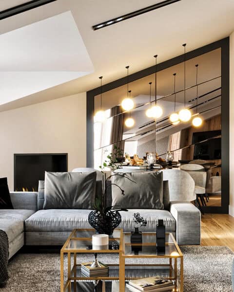 Üsküdar çatı katı salon dekorasyonu, ayna duvar ve yemek masası aydınlatma tasarımı