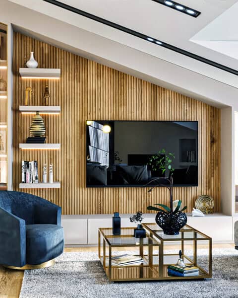 Üsküdar çatı katı salon tasarımı, ahşap panel TV ünitesi ve vitrinli depolama