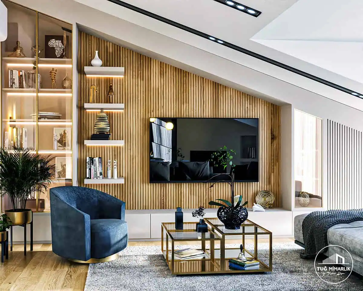 Üsküdar Çatı katı salon – tv Ünitesi ve ahşap panel - tuğ mimarlık Üsküdar çatı katı salon tasarımı, ahşap panel TV ünitesi ve vitrinli depolama