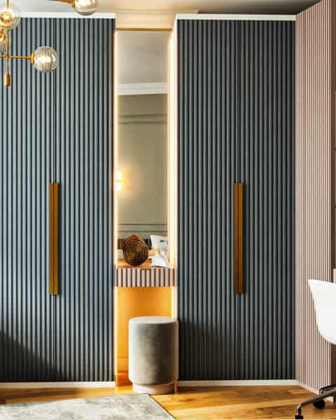 Üsküdar genç odası – aynalı gardırop ve makyaj köşesi - tuğ mimarlık Üsküdar genç odası tasarımı aynalı dolap, niş aydınlatma ve oturma pufu