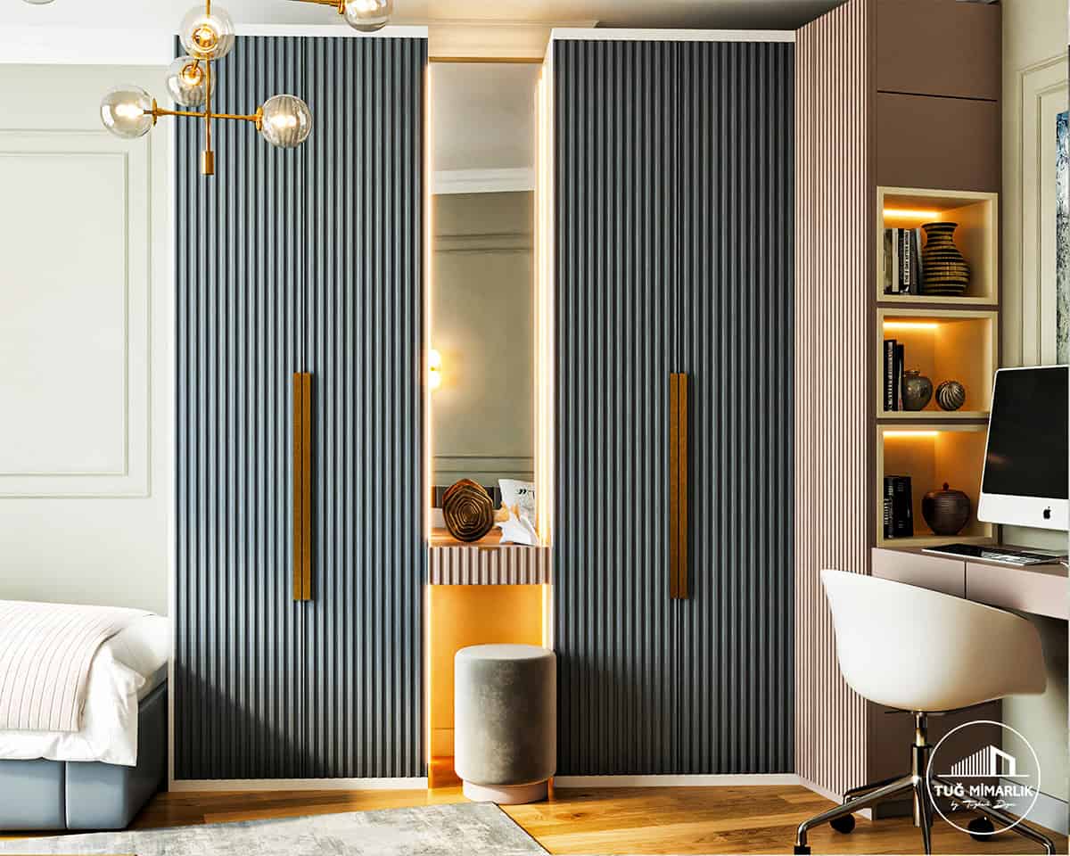 Üsküdar genç odası – aynalı gardırop ve makyaj köşesi - tuğ mimarlık Üsküdar genç odası tasarımı aynalı dolap, niş aydınlatma ve oturma pufu