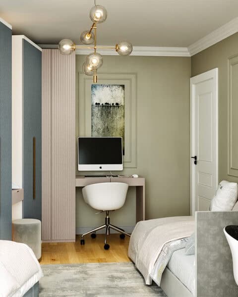 Üsküdar genç odası – masa ve raf detayları - tuğ mimarlık Üsküdar genç odası tasarımı çalışma masası, raflı ünite ve pencere perde kombinasyonu