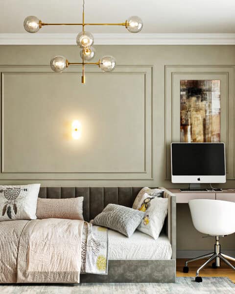 Üsküdar genç odası – İki yatak ve Çalışma masası - tuğ mimarlık Üsküdar genç odası tasarımı iki yataklı yerleşim, çalışma masası ve duvar paneli