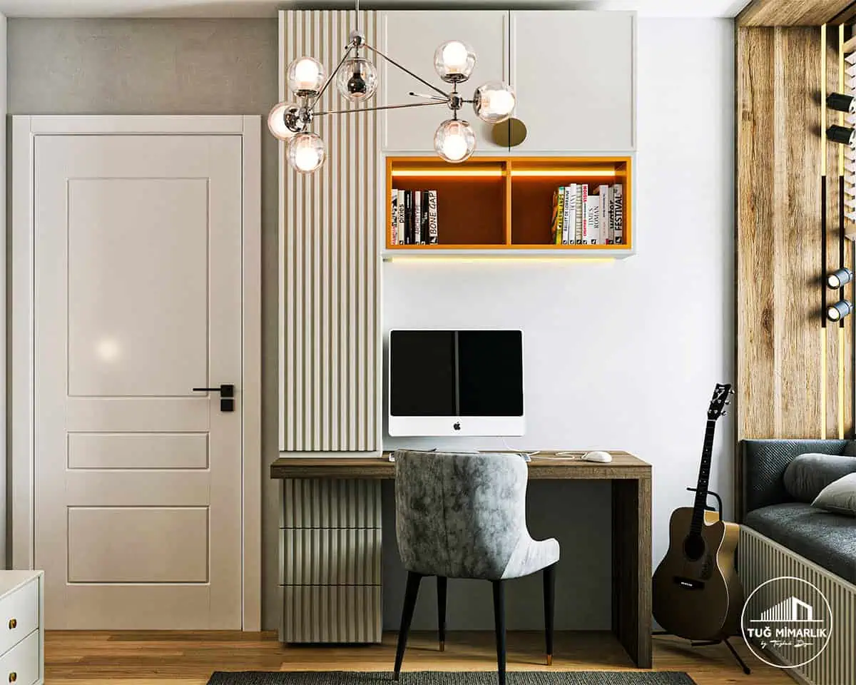 Üsküdar genç odası – Çalışma masası ve raf detayı - tuğ mimarlık Üsküdar genç odası tasarımı çalışma masası, raf ve LED niş aydınlatma