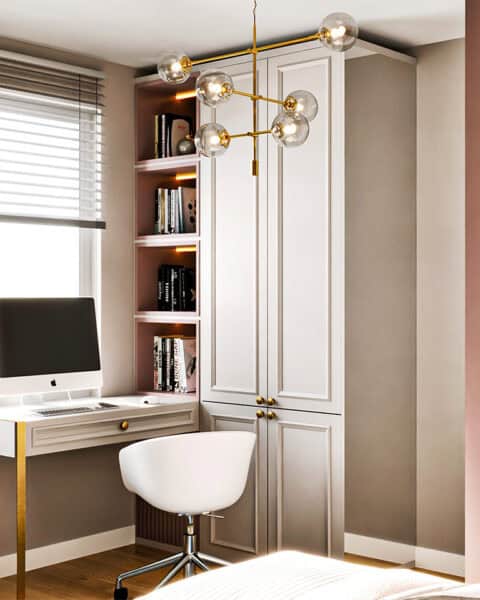 Üsküdar genç odasında Çalışma masası - tuğ mimarlık Üsküdar genç odası tasarımı çalışma masası ve raflı depolama