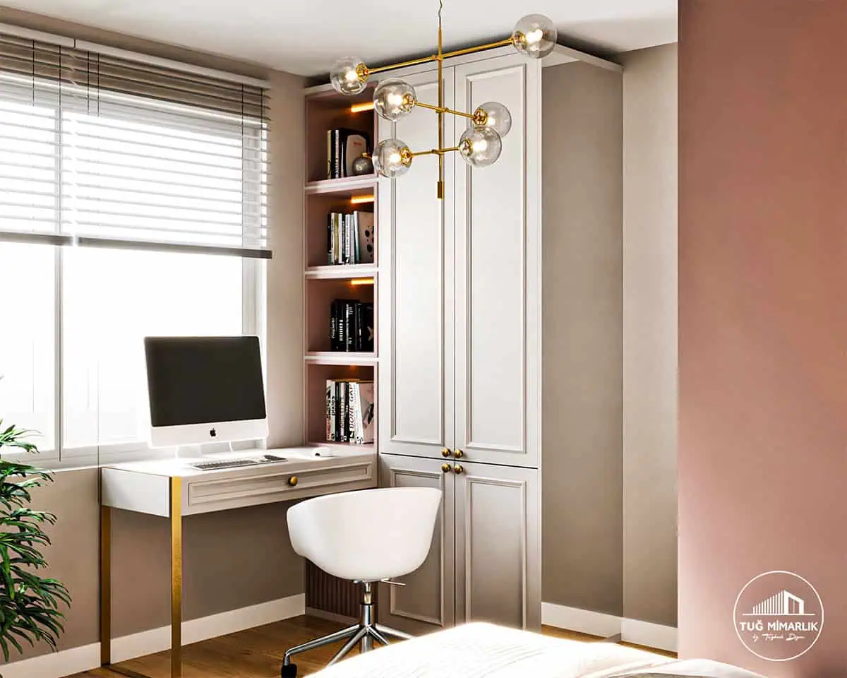 Üsküdar genç odasında Çalışma masası - tuğ mimarlık Üsküdar genç odası tasarımı çalışma masası ve raflı depolama