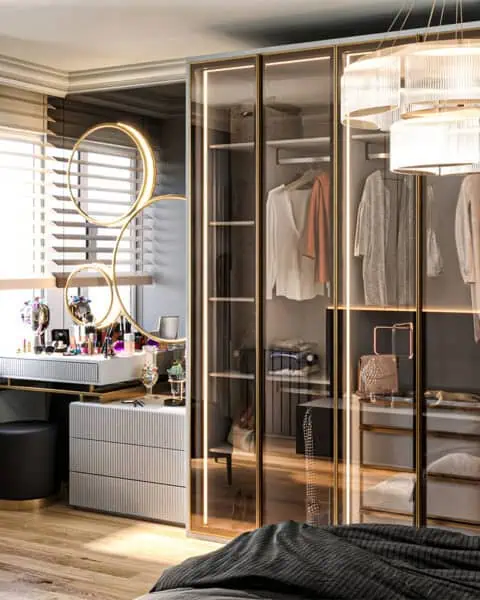 Üsküdar yatak odası tasarımı, geometrik yatak başlığı ve cam dolap