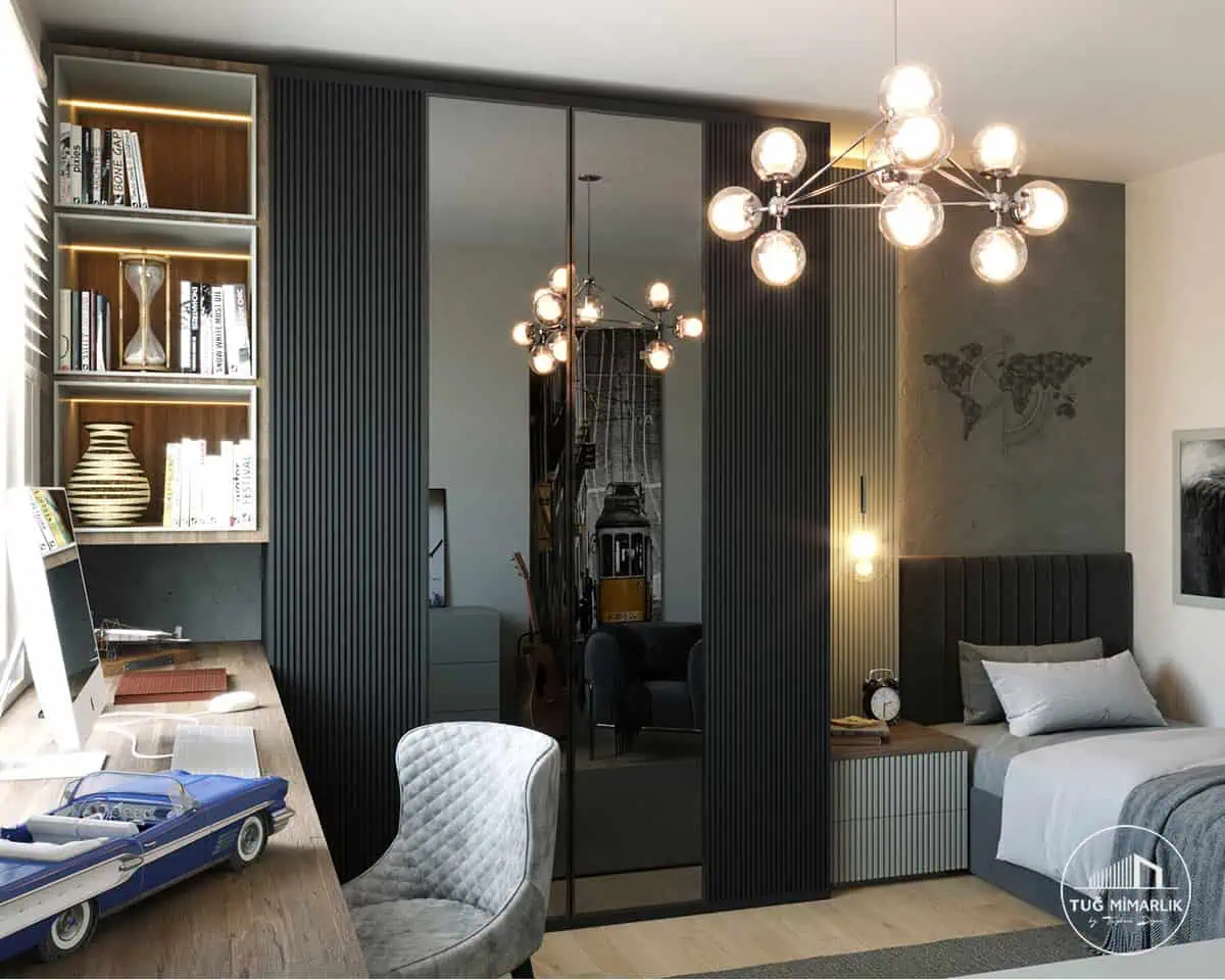 Acarkent genç odası aynalı dolap ve yatak alanı - tuğ mimarlık Acarkent genç odasında aynalı dolap, fuga detaylı kapaklar, başucu bölümü ve modern aydınlatma tasarımı