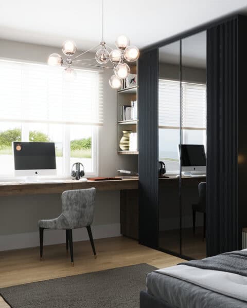 Acarkent genç odasında pencere önü çalışma masası, aynalı dolap ve koyu renk özel tasarım mobilya