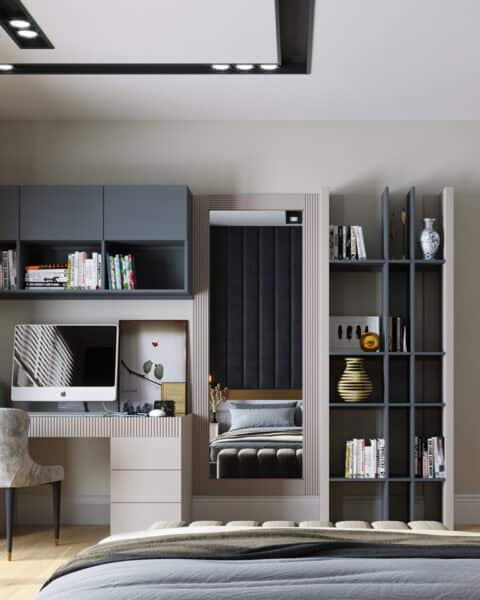 Acarkent villa yatak odasında çalışma masası, açık raf sistemi ve aynalı detaylı özel depolama alanı