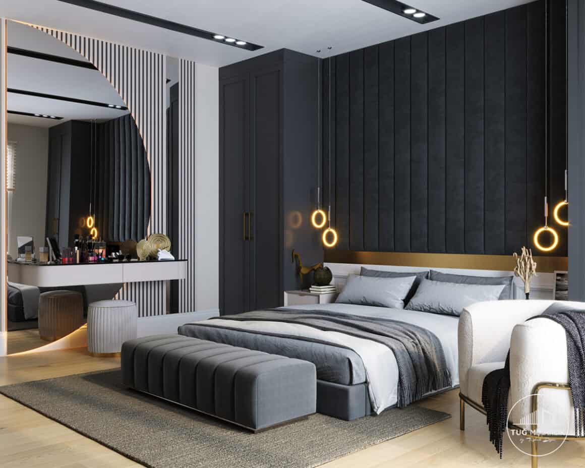 Acarkent villa yatak odası makyaj masası ve başlık duvarı - tuğ mimarlık Acarkent villa yatak odasında siyah panel başlık duvarı, makyaj masası ve modern aydınlatma tasarımı
