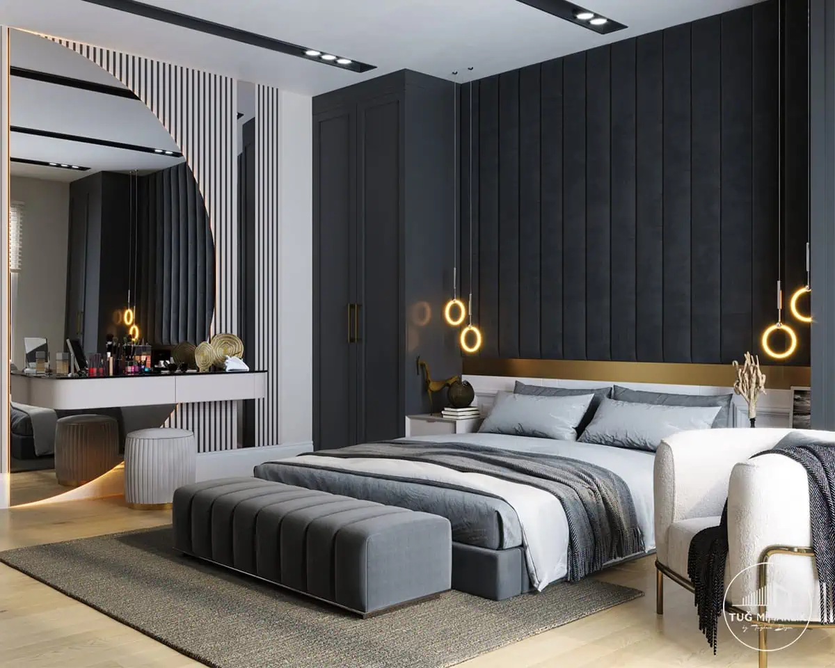 Acarkent villa yatak odası makyaj masası ve başlık duvarı - tuğ mimarlık Acarkent villa yatak odasında siyah panel başlık duvarı, makyaj masası ve modern aydınlatma tasarımı