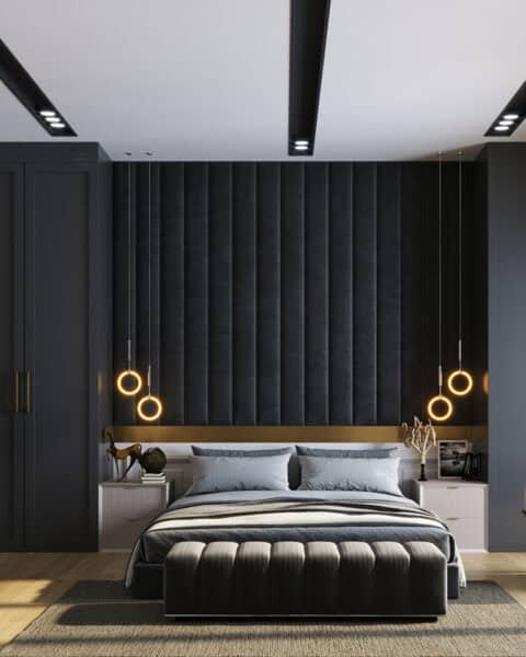 Acarkent villa yatak odasında siyah panel başlık duvarı, özel dolaplar ve halka sarkıt aydınlatmalar