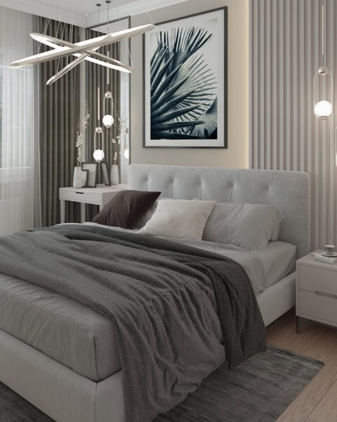 Göztepe yatak odasında başucu panel duvar, sarkıt aydınlatmalar ve küçük alana uygun modern yatak odası tasarımı