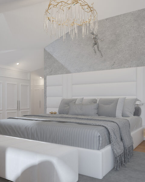 Kalamış çatı katı yatak odası, beyaz yatak, yüksek yatak başlığı ve özel avize