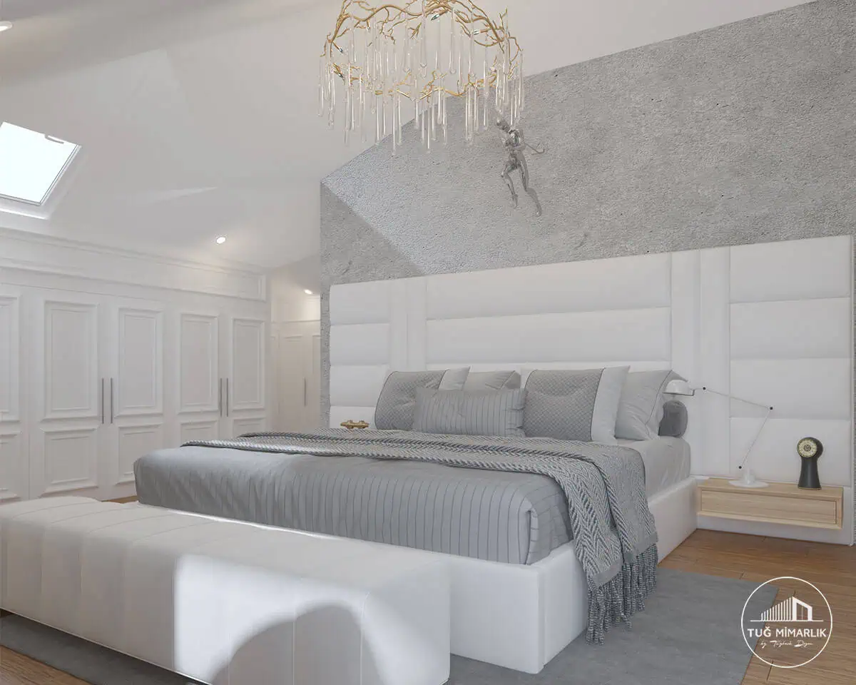 Kalamış Çatı katı yatak odası genel görünüm - tuğ mimarlık Kalamış çatı katı yatak odası, beyaz yatak, yüksek yatak başlığı ve özel avize