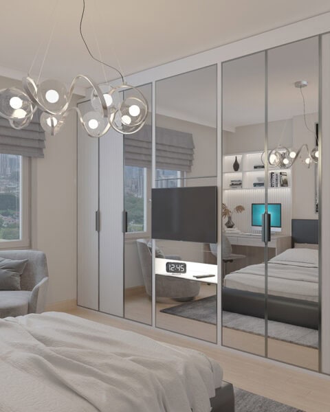 Kalamış genç odası – aynalı dolap görünümü - tuğ mimarlık Kalamış genç odası; aynalı dolap kapakları ve çizgili panel tasarımı