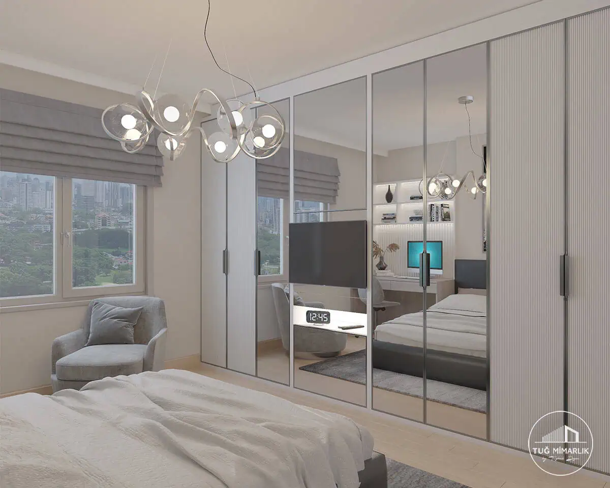 Kalamış genç odası – aynalı dolap görünümü - tuğ mimarlık Kalamış genç odası; aynalı dolap kapakları ve çizgili panel tasarımı