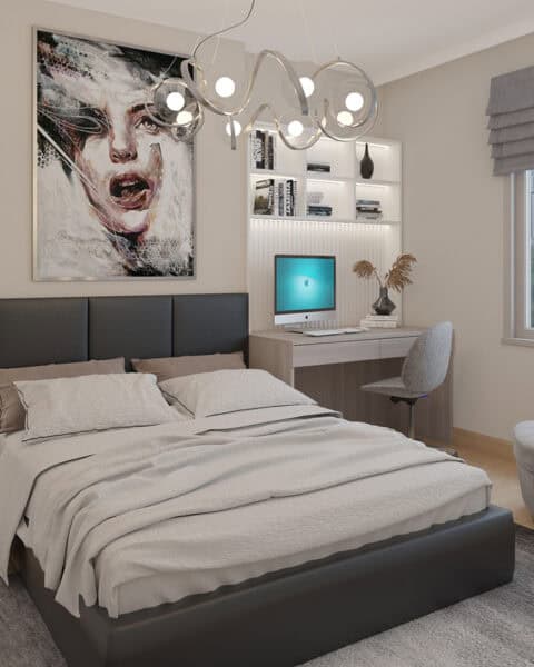 Kalamış genç odası – yatak ve Çalışma köşesi - tuğ mimarlık Kalamış genç odası tasarımı; siyah başlıklı yatak, çalışma masası ve raflı niş