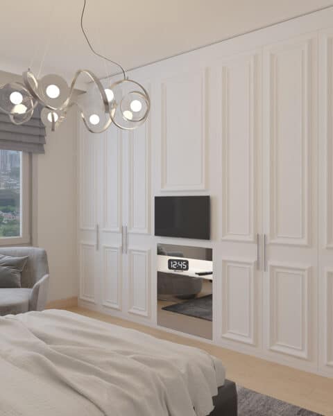 Kalamış genç odası – klasik dolap cepheleri - tuğ mimarlık Kadıköy Kalamış genç odası; beyaz klasik dolap kapakları ve sade yerleşim