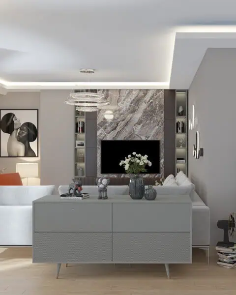 Kalamış salon genel görünüm - tuğ mimarlık Kalamış modern salon genel görünüm koltuk grubu ve dekoratif duvar aydınlatması