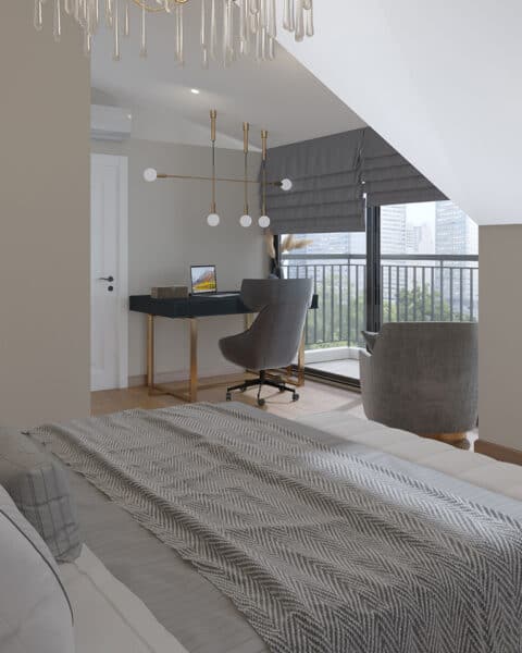 Kalamış modern yatak odası detayı - tuğ mimarlık Kalamış modern yatak odası, beyaz yatak başlığı, dokulu duvar ve dekoratif avize detayı