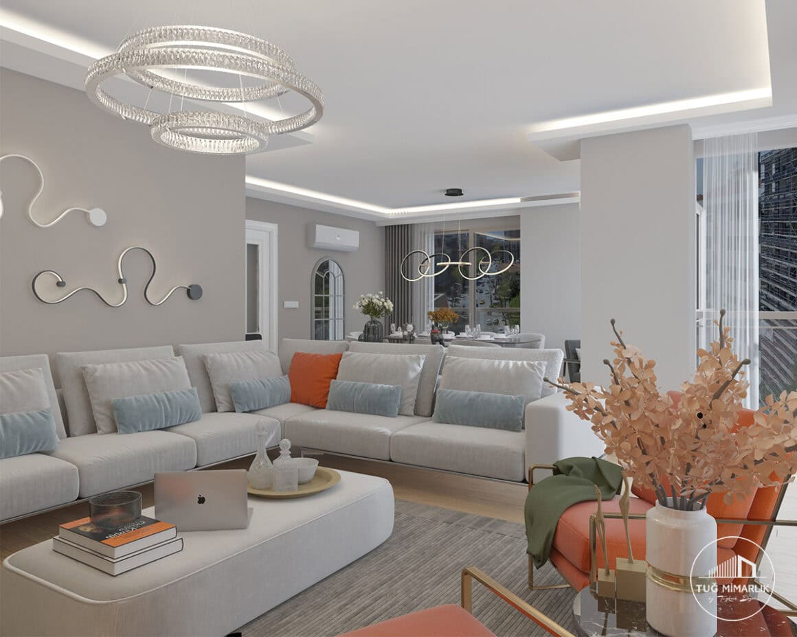 Kalamış modern yemek alanı - tuğ mimarlık Kalamış modern yemek alanı tasarımı, büyük pencere önünde masa ve dekoratif aydınlatma