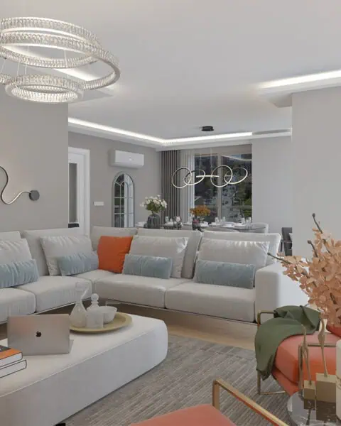 Kalamış modern yemek alanı tasarımı, büyük pencere önünde masa ve dekoratif aydınlatma