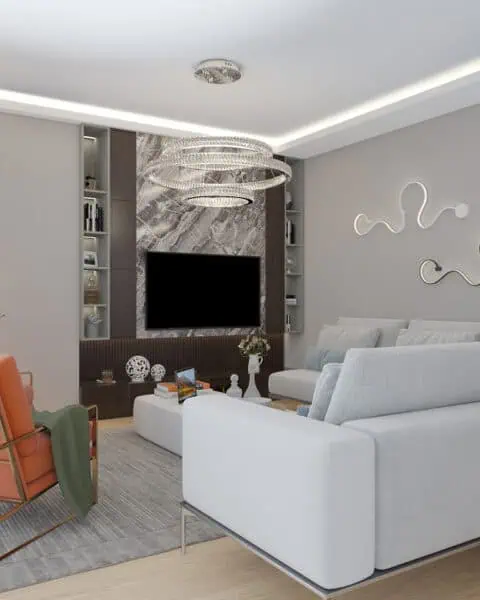 Kalamış modern salon tasarımı mermer TV ünitesi ve dekoratif raf sistemi