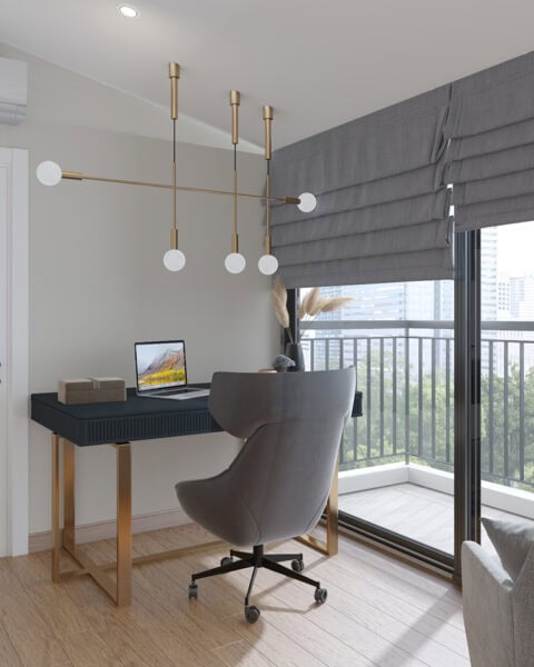 Kalamış yatak odası çalışma köşesi, balkon önü masa ve modern sarkıt aydınlatma