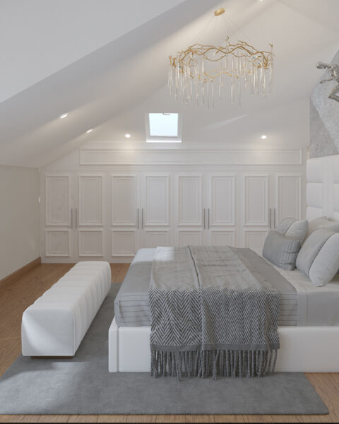 Kalamış yatak odası dolap tasarımı, duvar boyu beyaz dolap ve klasik kapak detayları