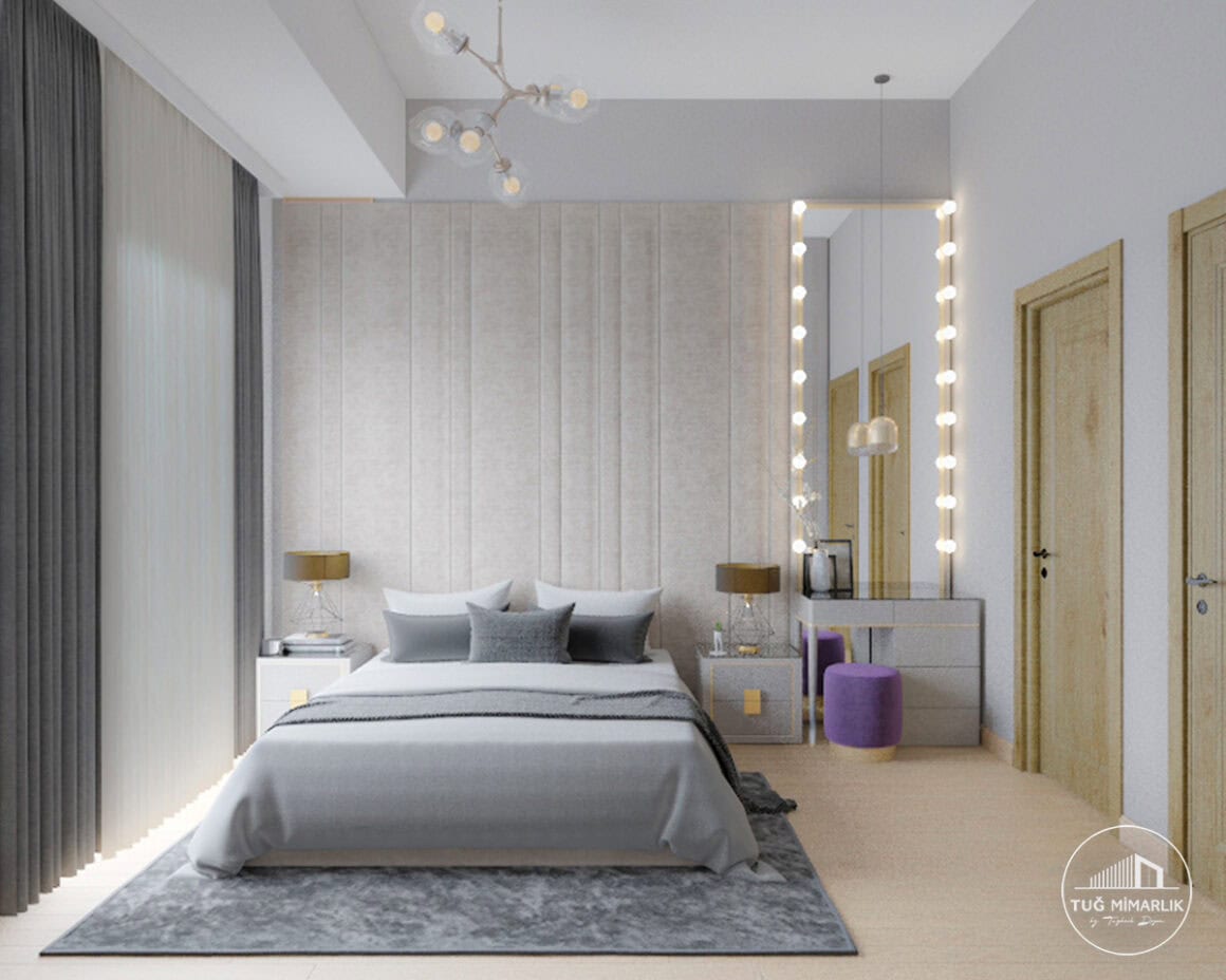 Nurol life yatak odası gömme dolap tasarımı - tuğ mimarlık Nurol Life residence yatak odasında gömme dolap, aynalı kapaklar ve açık tonlu modern tasarım