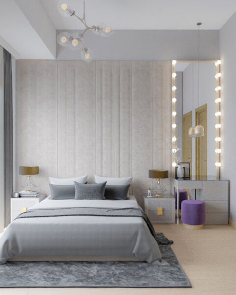 Nurol Life residence yatak odasında gömme dolap, aynalı kapaklar ve açık tonlu modern tasarım