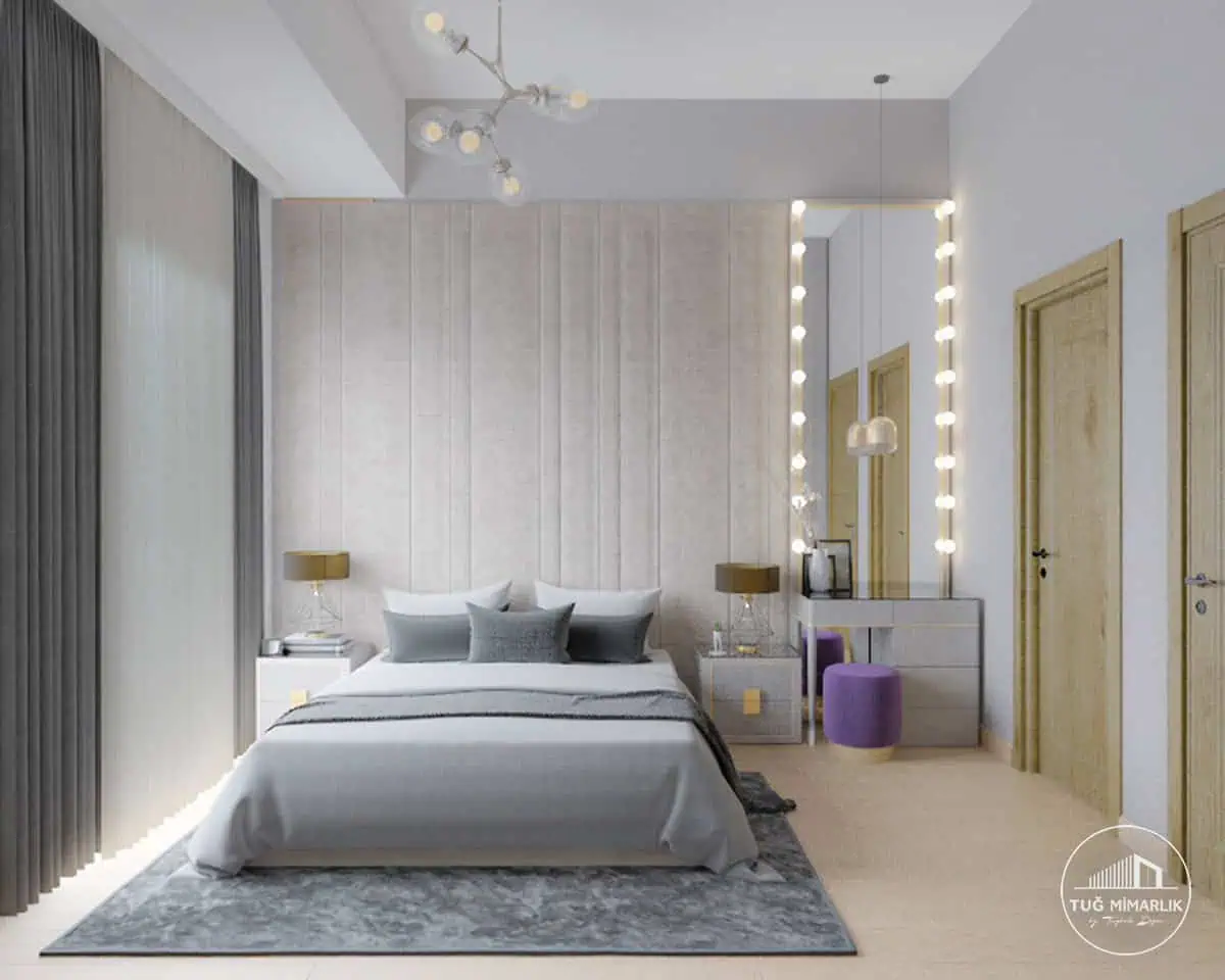 Nurol life yatak odası gömme dolap tasarımı - tuğ mimarlık Nurol Life residence yatak odasında gömme dolap, aynalı kapaklar ve açık tonlu modern tasarım