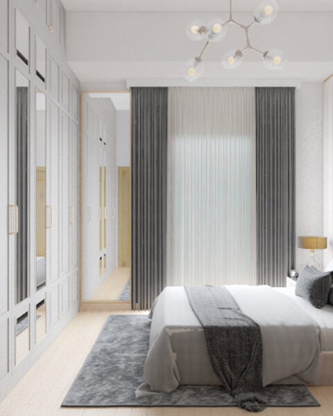 Nurol Life residence yatak odasında panel başlık duvarı, makyaj masası ve modern aydınlatma tasarımı