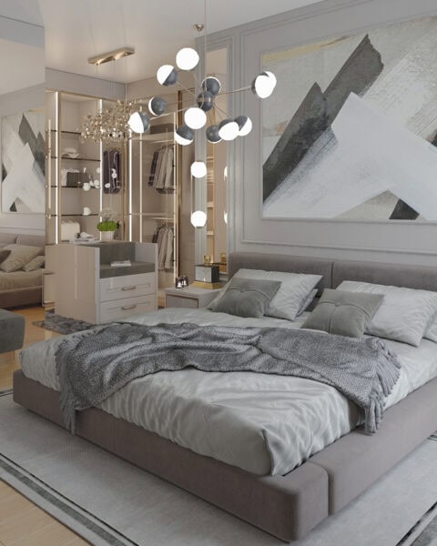 Acarkent yatak odası ve giyinme bölümü - tuğ mimarlık Acarkent yatak odasında cam dolaplı giyinme bölümü ve ada şifonyer çözümü