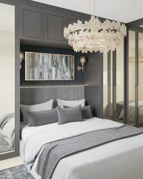 Ataşehir yatak odası aynalı dolap detayı - tuğ mimarlık Ataşehir yatak odasında aynalı dolap kapakları ve yatağı çevreleyen özel dolap tasarımı