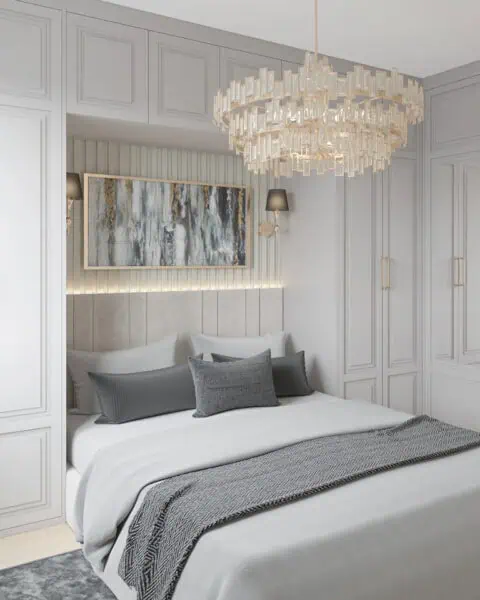 Ataşehir yatak odası klasik dolap düzeni - tuğ mimarlık Ataşehir yatak odasında klasik çerçeveli dolap sistemi ve yatağın etrafını saran özel mobilya tasarımı